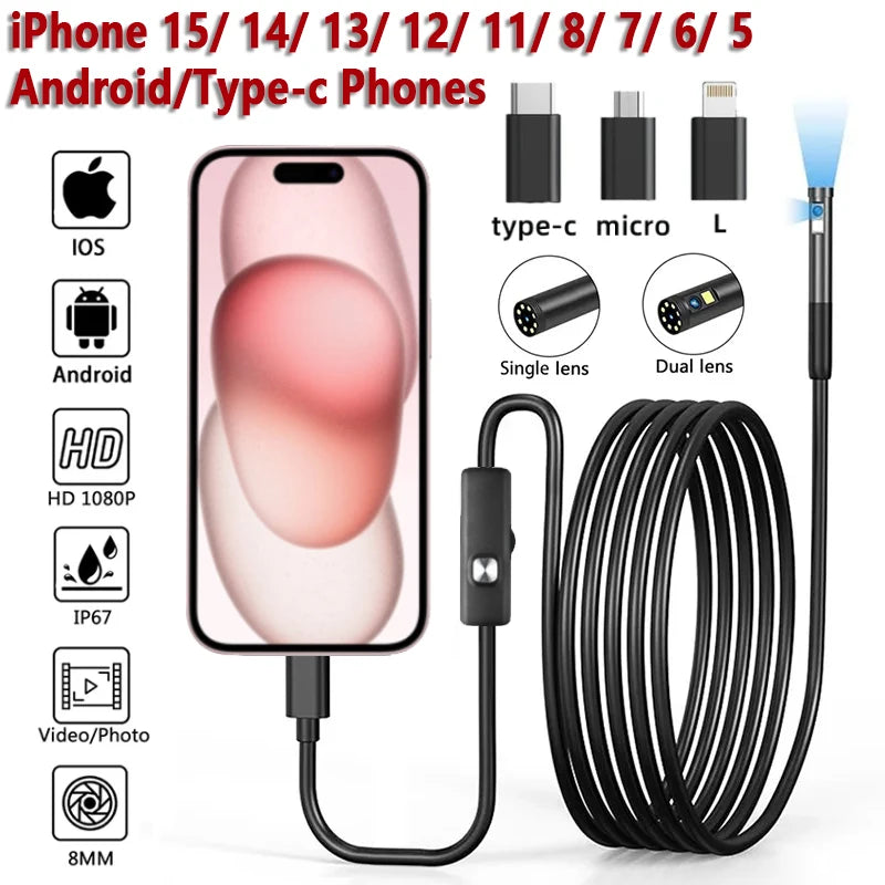 8mm 1080P Endoscope Camera for iPhone & Android Devices