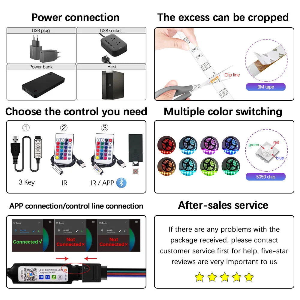 Bluetooth RGB LED Strip Light: 5M-20M, USB, Infrared Control